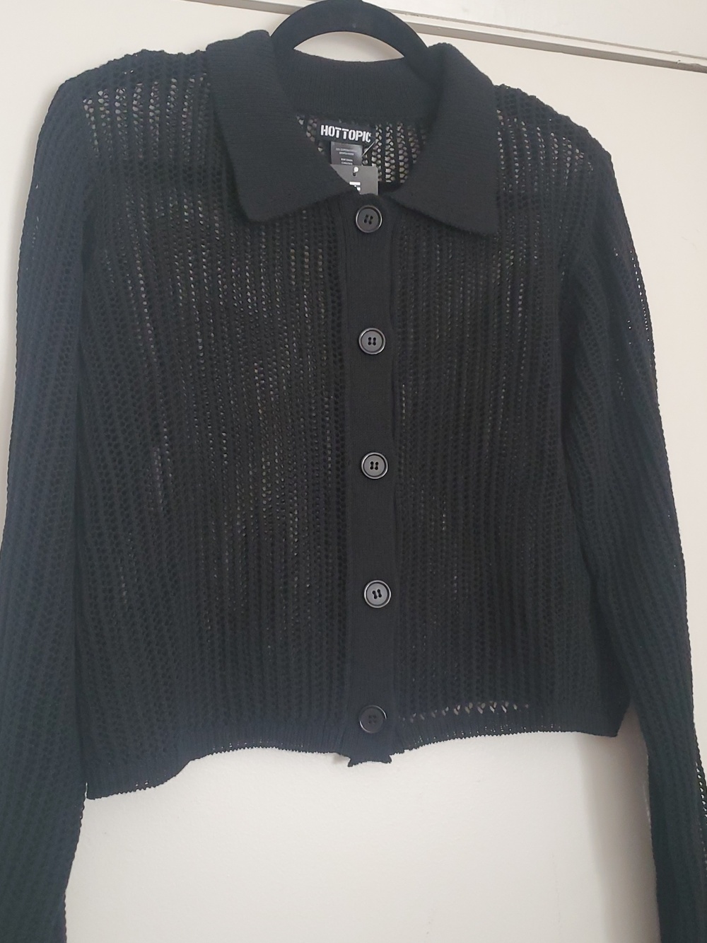 *NWT* Hot Topic'S Black Open-Knit Collared Button Cardigan - Picture 5 of 14